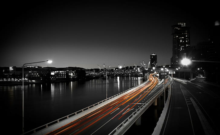 fotografía, urbano, ciudad, edificio, luces, autopista, larga exposición, agua, río, Brisbane, Fondo de pantalla HD