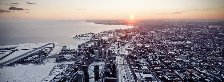 Вид с воздуха города Торонто, городской пейзаж, Канада, Онтарио, город, зима, закат, широкий, антенна, Торонто, 14 мм, HD обои