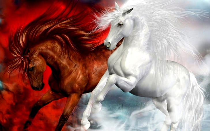 Лошади Великолепный Белый И Красный Лошадь Fantasy Art Hd Обои, HD обои
