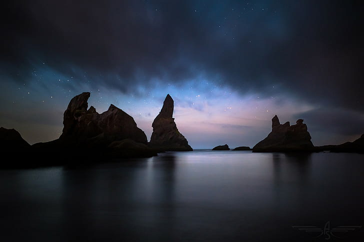 noche, naturaleza, nubes, cielo, estrellas, agua, roca, mar, Fondo de pantalla HD