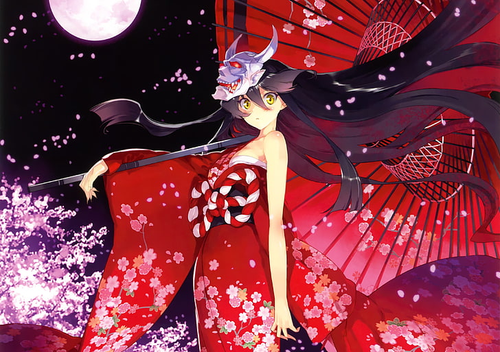 female character wearing red dress, girl, flowers, night, the moon, umbrella, anime, petals, Sakura, mask, art, kimono, devil, ueda ryou, demon of the night, Hakumei, HD wallpaper