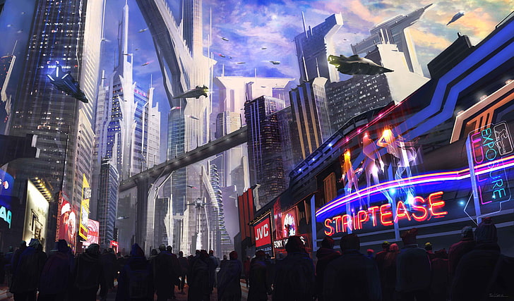sfondo di paesaggio urbano di fantascienza, futuristico, neon, aereo, Sfondo HD