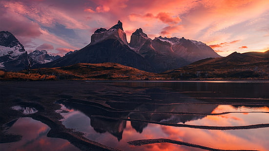 large body of water near mountain during sunset, landscape, mountains, lake, nature, HD wallpaper HD wallpaper