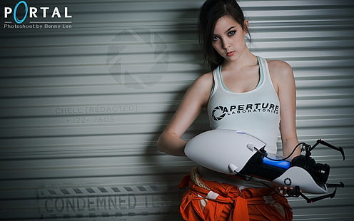 women's white tank top, video games, Portal 2, Chell, Valve Corporation, Steam (software), cosplay, Aperture Laboratories, Portal Gun, Portal (game), women, brunette, looking at viewer, HD wallpaper HD wallpaper