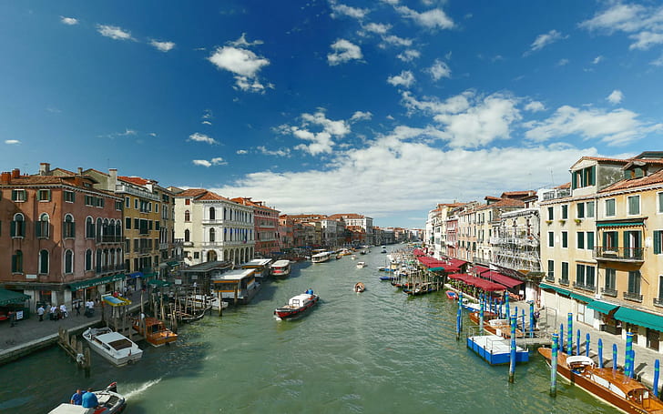 Venezia, облачные каналы, небо, красиво, древние, архитектура, дома, гондолы, синий, город, лодки, картинки, HD обои