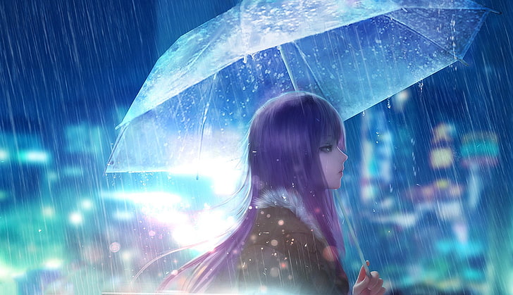 Anime, Original, Purple Hair, Rain, Umbrella, HD wallpaper | Wallpaperbetter
