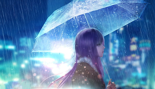 Аниме, Оригинал, Фиолетовые волосы, Дождь, Зонт, HD обои HD wallpaper