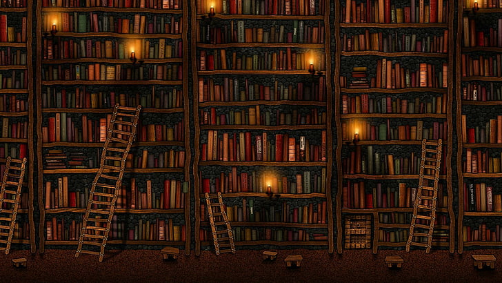 библиотека, мультфильм, книги, свечи, лестница, лестницы, книга, библиотека, сказочные, иллюстрация, HD обои