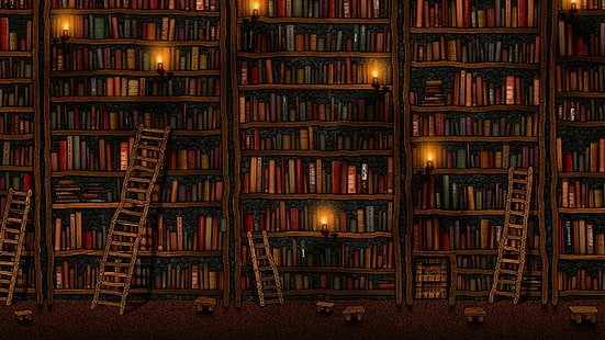 библиотека, карикатура, книги, свещи, стълба, стълби, книга, библиотека, страхотна, илюстрация, HD тапет HD wallpaper