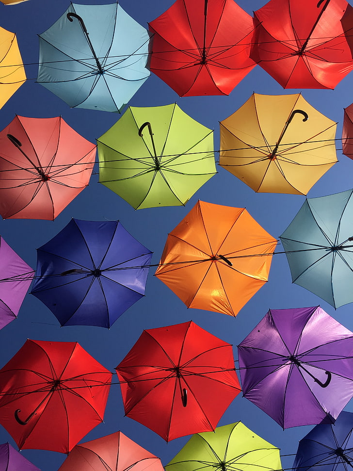 umbrellas, umbrella, multicolored, bottom view, decoration, HD wallpaper