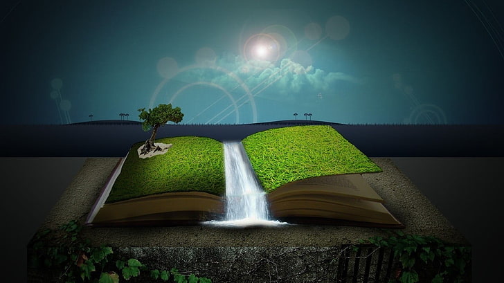 book page digital art, books, artwork, landscape, digital art, sky, nature, Sun, water, waterfall, plants, HD wallpaper