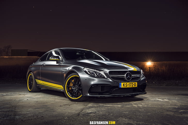 silver and yellow Mercedes-Benz coupe parked on concrete ground, Mercedes-AMG C63 S Coupe Edition, HD, HD wallpaper