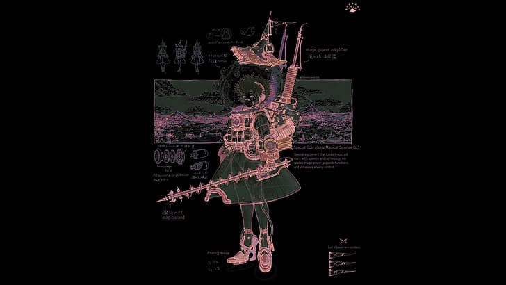 magical girls, science, military, witch, industrial, curly hair, weapon, heavy equipment, army, map, schematic, infographics, detailed, ropes, shoes, skirt, lance, glass, engine, girl in armor, water, mountains, original characters, steampunk, steampunk girl, punk, diagrams, dark, dark background, Brutalism, HD wallpaper