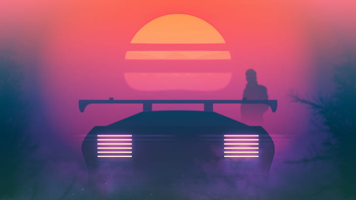 neon, car, vehicle, artwork, synthwave, Retrowave, Synth, HD wallpaper