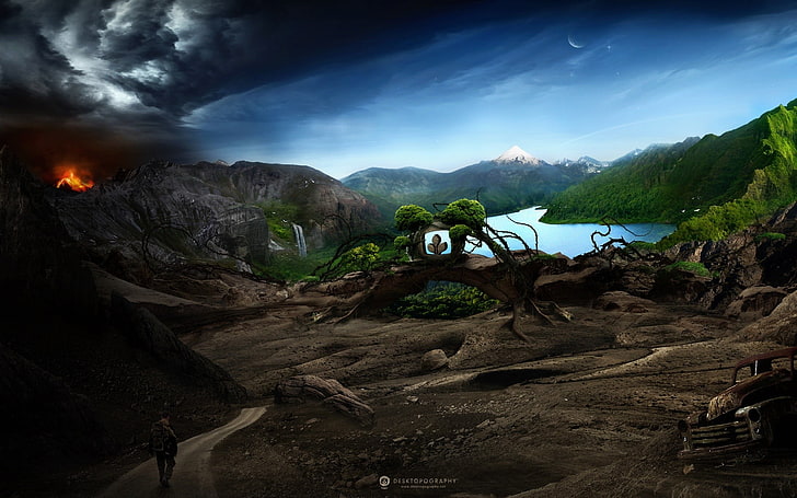 digitale Tapete des Waldes nahe Gewässer-Spielanwendung, digitale Kunst, Grafik, Fantasiekunst, HD-Hintergrundbild