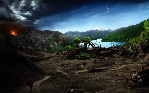 วอลล์เปเปอร์ดิจิทัลของป่าใกล้กับแอปพลิเคชั่นเกมน้ำศิลปะดิจิทัลงานศิลปะศิลปะแฟนตาซี, วอลล์เปเปอร์ HD HD wallpaper