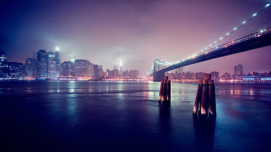 jembatan hitam dengan cahaya, kota, jembatan, malam, bangunan, pencakar langit, awan, kaki langit, sungai, lampu, Jembatan Brooklyn, Kota New York, Manhattan, seni digital, AS, lanskap kota, Wallpaper HD HD wallpaper