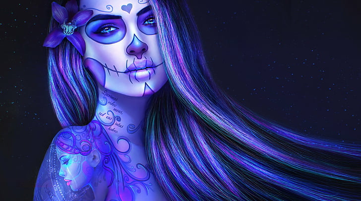Artistic, Sugar Skull, Day of the Dead, Purple, Tattoo, Woman, HD wallpaper