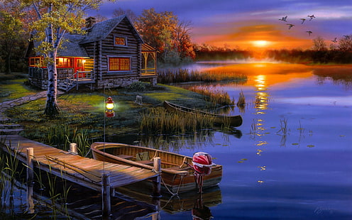 ilustração da casa cinza, noite, casa, cabine, barco, pássaros, pôr do sol, pintura, lago, HD papel de parede HD wallpaper