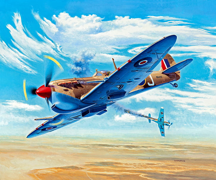 The second World war, North Africa, with rain, Spitfire Mk.Vc/trop, Bf.109F, universal wing type 