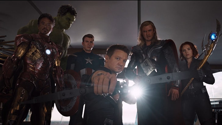 The Avengers, Black Widow, Captain America, Chris Evans, Chris Hemsworth, Hawkeye, Hulk, Iron Man, Jeremy Renner, Robert Downey Jr., Scarlett Johansson, Thor, HD tapet