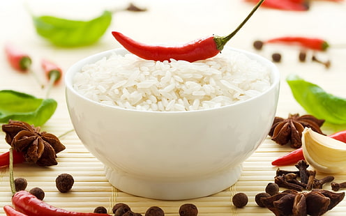 white bowl of rice, rice, pepper, chili, food, HD wallpaper HD wallpaper