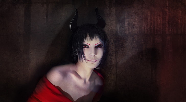 demon, creepy, women, dark hair, fake iris, demon horns, HD wallpaper