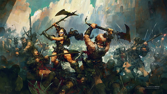 arte da fantasia, guerreiro, garota da fantasia, batalha, sangue, arma, HD papel de parede HD wallpaper