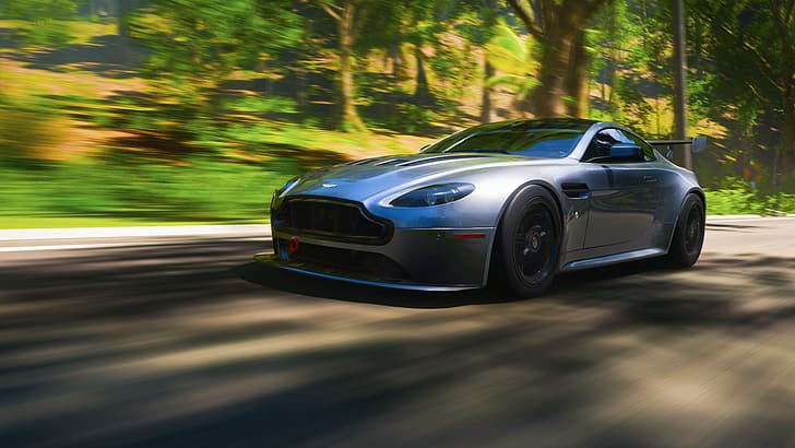 video games, Forza, Forza Horizon 5, car, vehicle, Aston Martin, British cars, road, trees, HD wallpaper