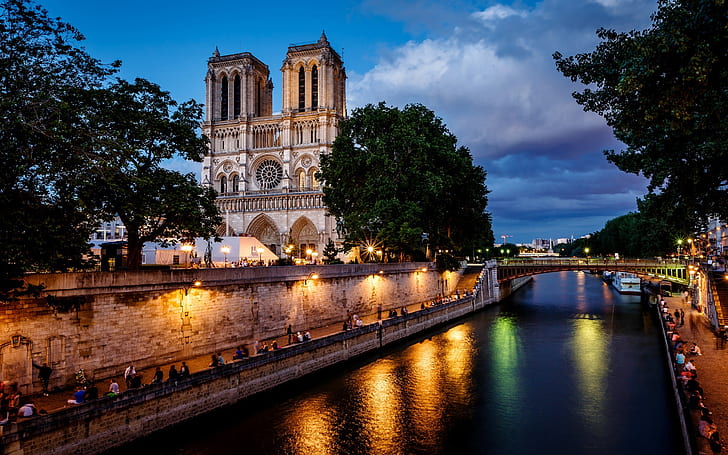 Paris, Frankrike, Notre Dame de Paris, stad, natt, bro, flod, ljus, Paris, Frankrike, Notre, Dame, Stad, Natt, Bro, Flod, Ljus, HD tapet