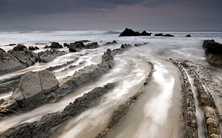 paisaje, naturaleza, costa, mar, olas, rocas, Fondo de pantalla HD