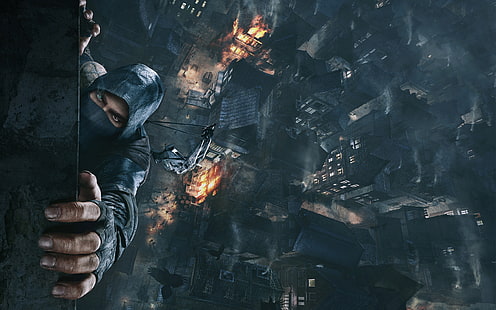 the city, weapons, fire, smoke, hand, home, roof, bow, master, hood, crows, fingers, Eidos Interactive, 2014, Thief, Garrett, Eidos Montreal, HD wallpaper HD wallpaper