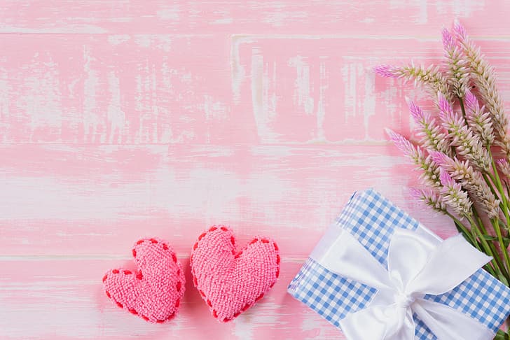 Liebe, Blumen, Geschenk, Herz, Holz, Rosa, Romantik, Herzen, Valentinstag, HD-Hintergrundbild