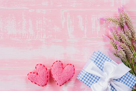 Liebe, Blumen, Geschenk, Herz, Holz, Rosa, Romantik, Herzen, Valentinstag, HD-Hintergrundbild HD wallpaper