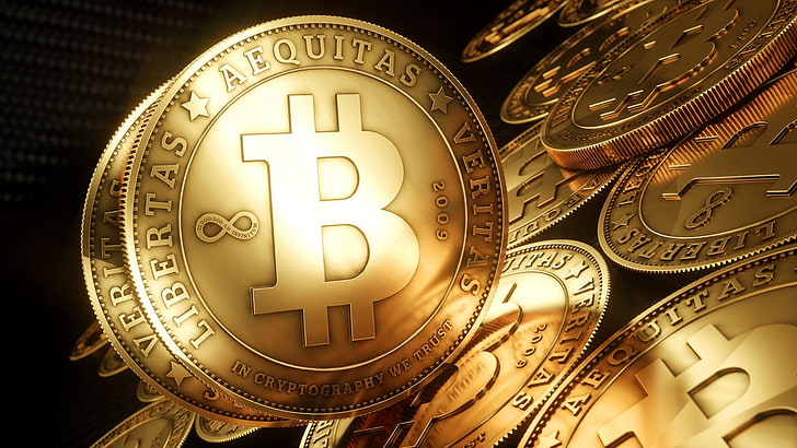 gold-colored Bitcoin, Bitcoin, currency, money, HD wallpaper