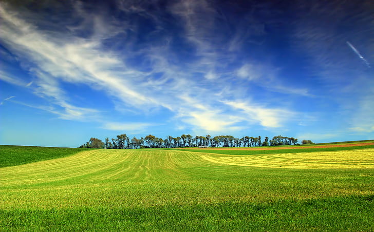 雲の下の青い空、田園風景、夏、空、屋外、牧草地、農場、青、土地、緑色、雲-空、日光、木、風景、風景、 HDデスクトップの壁紙