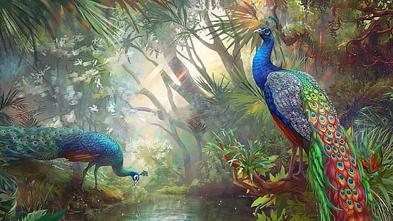peafowl, peacock, bird, birds, painting, painting art, wildlife, art, jungle, water, forest, rainforest, tree, HD wallpaper HD wallpaper