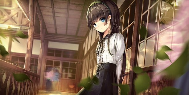 Anime, Anime Girls, lange Haare, Brünette, blaue Augen, HD-Hintergrundbild HD wallpaper