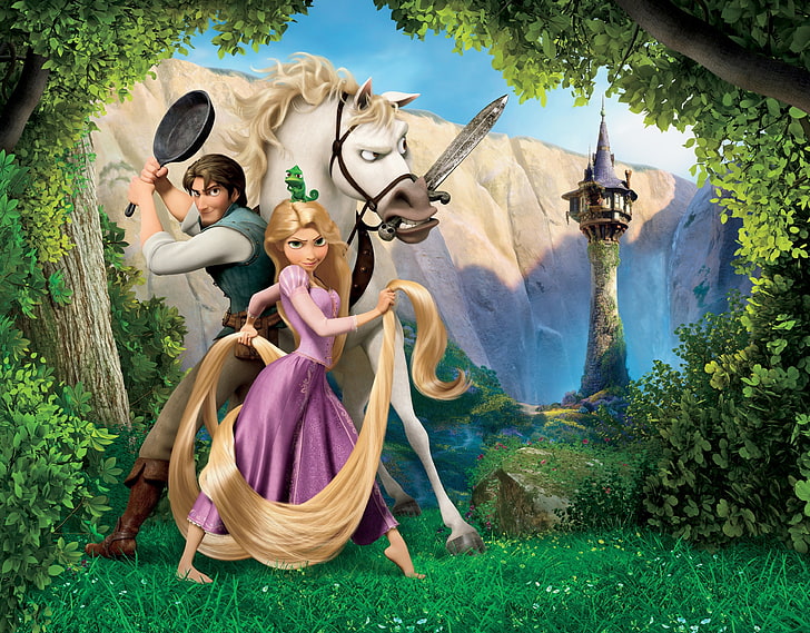 Disney Tangle цифровые обои, лес, небо, трава, деревья, цветы, горы, хамелеон, ручей, замок, лошадь, волосы, башня, меч, долина, Rapunzel, принцесса, грабитель, Tangled, Pascal, Maximus, Flynn, Pan, HD обои