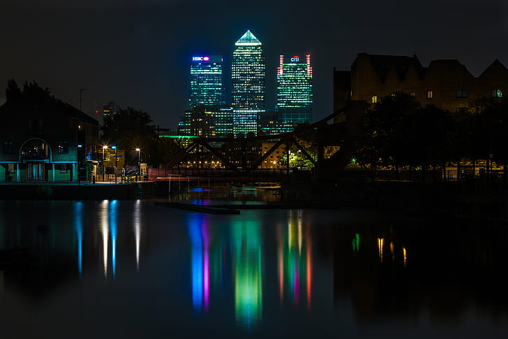 reflection of high-rise buildings on calm body of water during nighttime, canary wharf, canary wharf, Canary Wharf, reflection, high-rise buildings, calm, body of water, nighttime, london, night, cityscape, uk, canon  5d, architecture, river, illuminated, urban Scene, urban Skyline, HD wallpaper