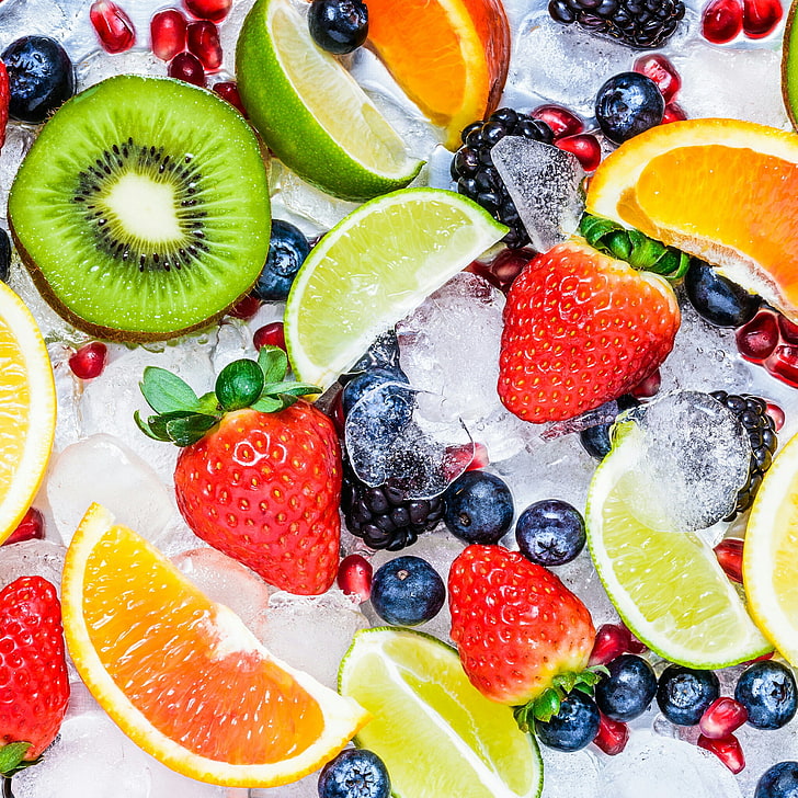 лед, ягоды, киви, клубника, лайм, фрукты, витамины, грейпфрут, ежевика, ломтики, гранат, черника, HD обои