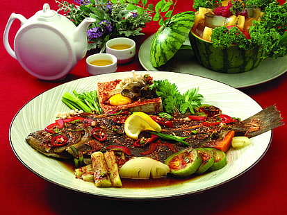 жареное блюдо из рыбы и овощей, рыбное блюдо, овощи, состав, HD обои HD wallpaper