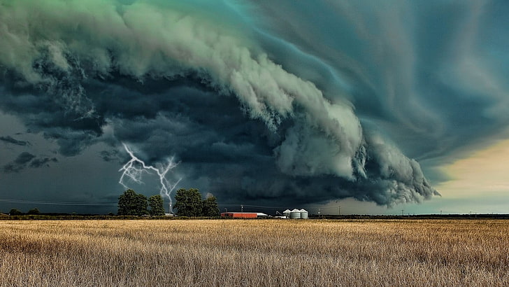 badai petir dan kilat, fotografi, alam, lanskap, Supercell, petir, pertanian, badai, awan, lapangan, Wallpaper HD