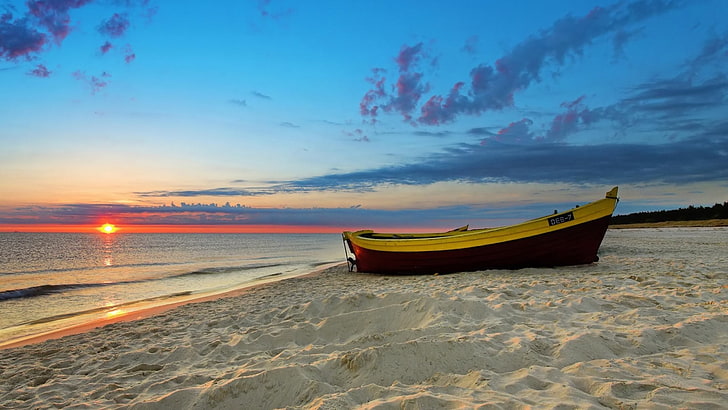 côte, coucher de soleil, nature, bateau, nuages, mer, plage, calme, vagues, paysage, ciel, sable, Fond d'écran HD