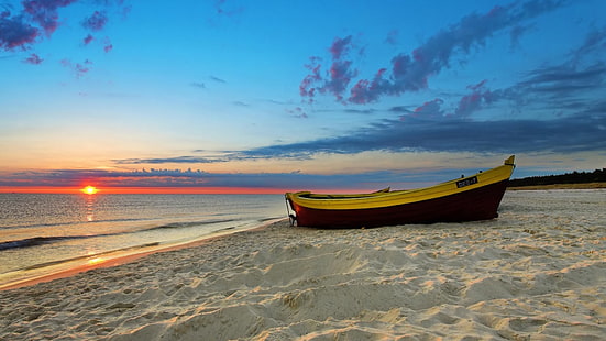Küste, Sonnenuntergang, Natur, Boot, Wolken, Meer, Strand, Ruhe, Wellen, Landschaft, Himmel, Sand, HD-Hintergrundbild HD wallpaper