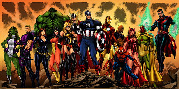 Marvel illustration, Hulk, Iron Man, Captain America, Thor, Black Widow, Spider-Man, Spider-Woman, She-Hulk, Doctor Strange, HD tapet HD wallpaper
