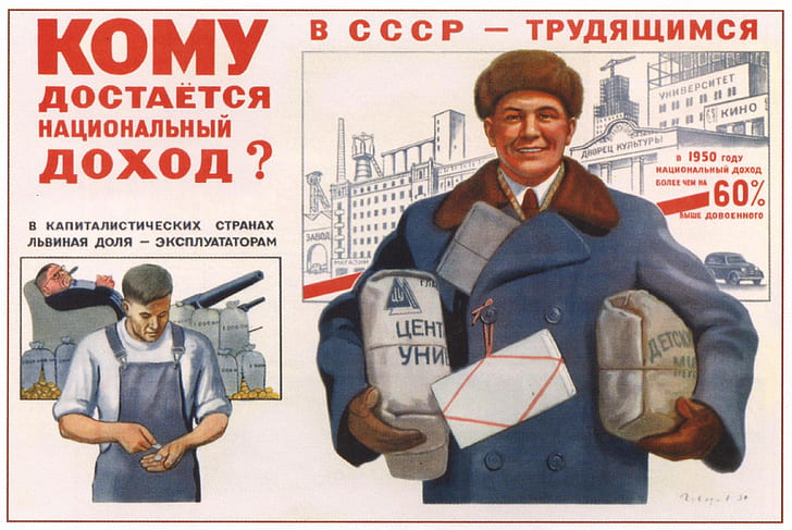 Sowjetisches Plakat, Nationaleinkommen, Bauernmärkte, wirtschaftliche Entwicklung, Haltung der Arbeiter, HD-Hintergrundbild