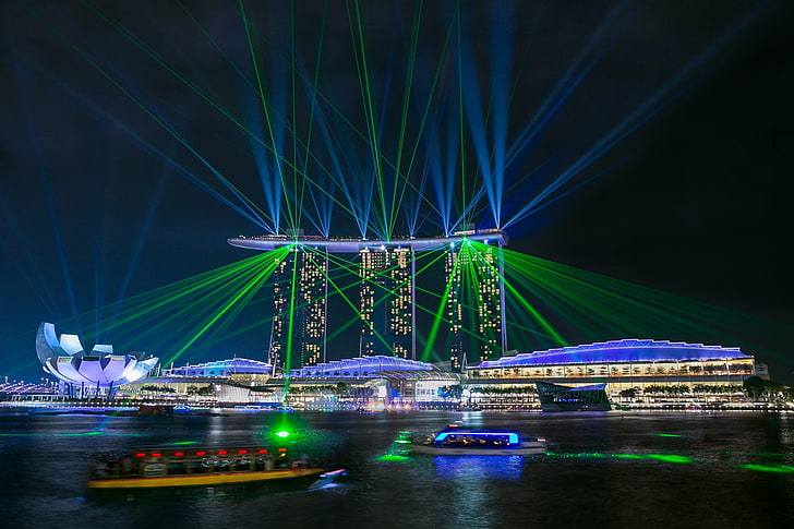 Marina Bay Sands, Singapore, singapore, marina bay sands, glare, marina bay, lights, laser show, HD wallpaper
