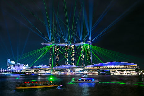 مارينا باي ساندز ، سنغافورة ، سنغافورة ، رمال خليج مارينا ، الوهج ، خليج مارينا ، الأضواء ، عرض الليزر، خلفية HD HD wallpaper