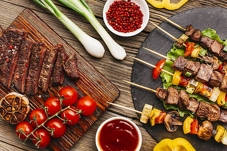 Speisen, Barbecue, Ketchup, Fleisch, Stillleben, Tomate, HD-Hintergrundbild HD wallpaper